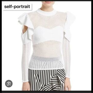 Self-Portrait White Frill Cold-Shoulder Open-Knit Top – Size S